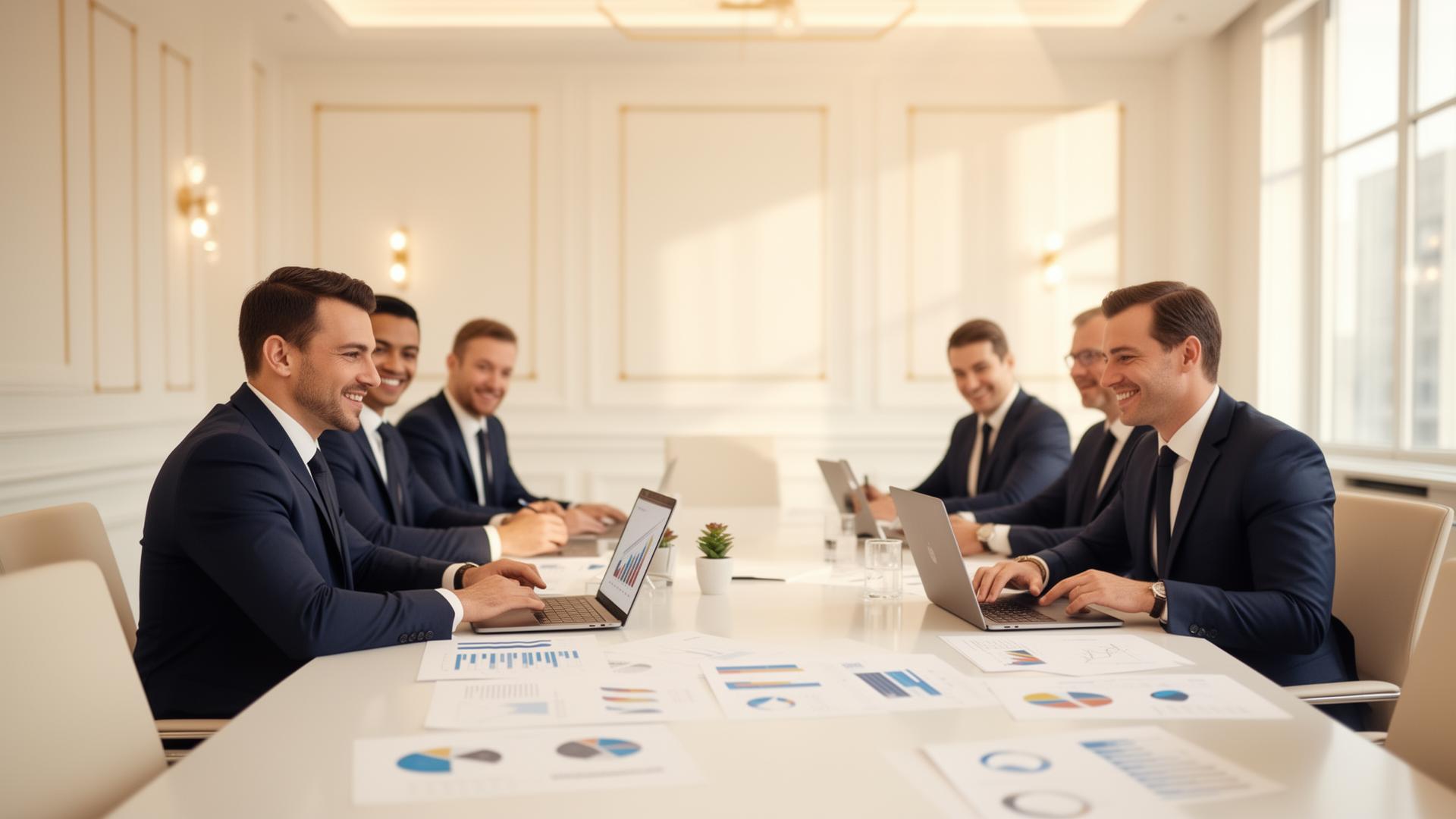 Sales strategy meeting with executives reviewing revenue charts